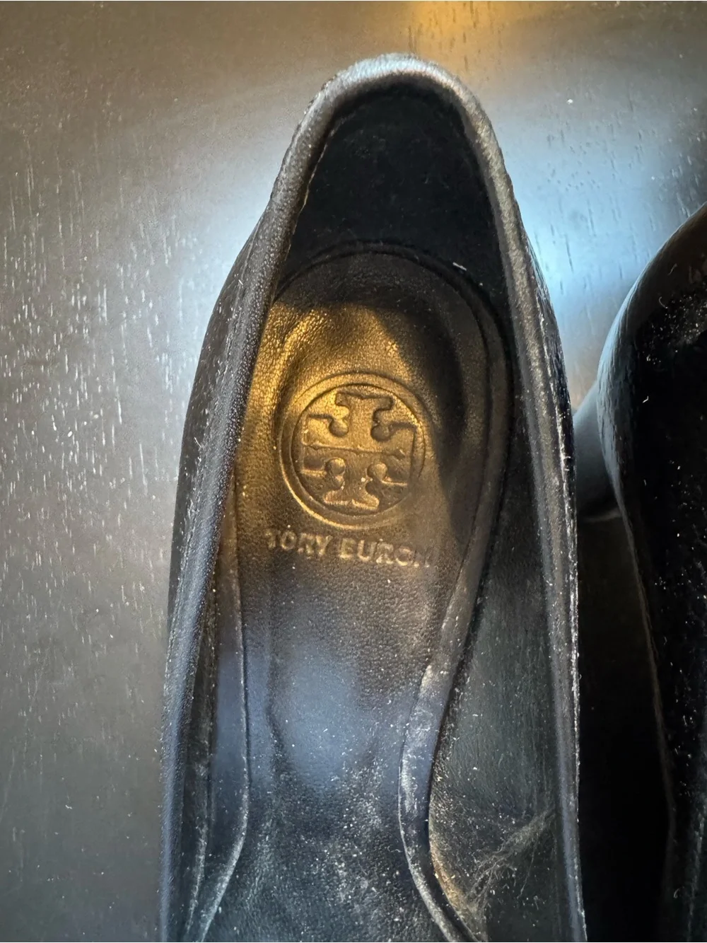 Tory Burch Black Patent Leather Ballet Block Heels with Gold Logo Emblem